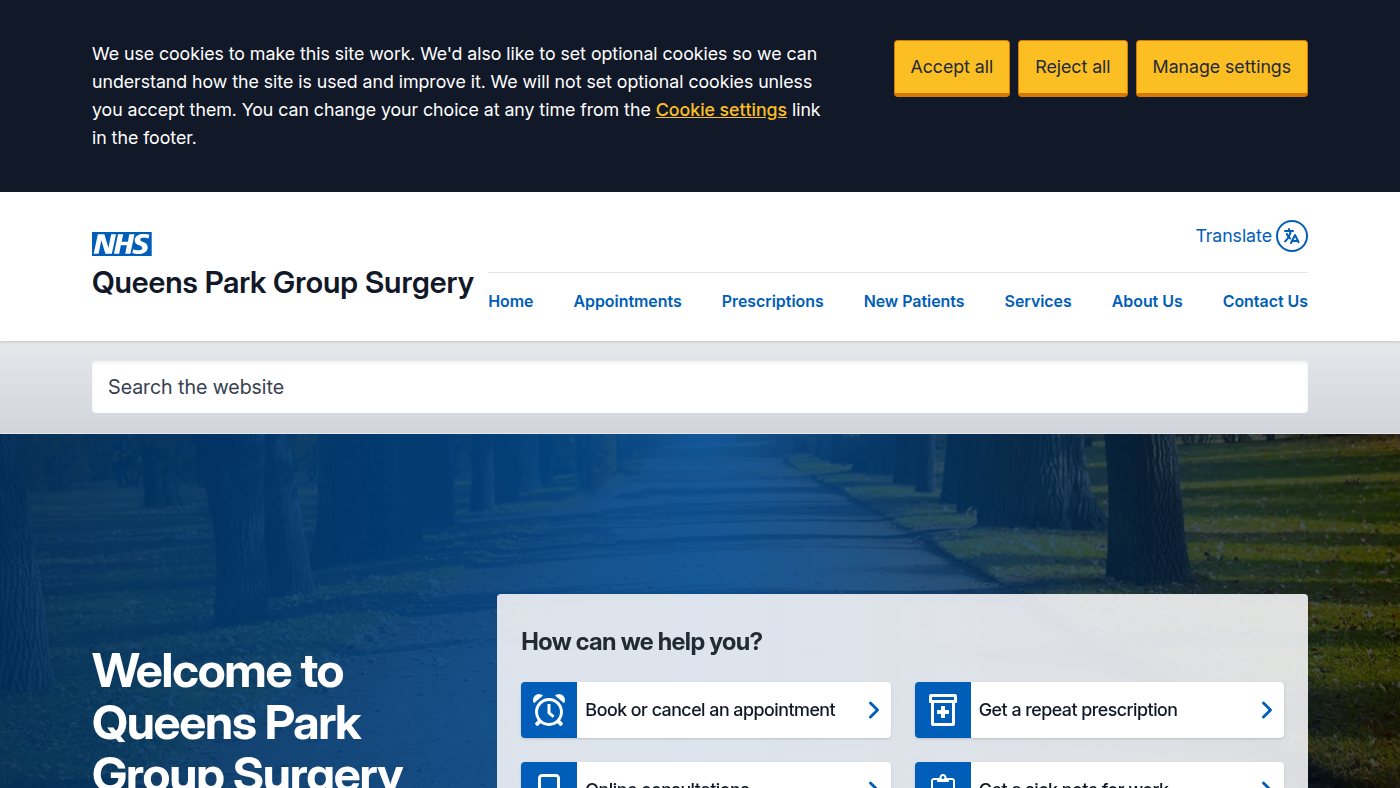 The home page of queensparksurgery.co.uk