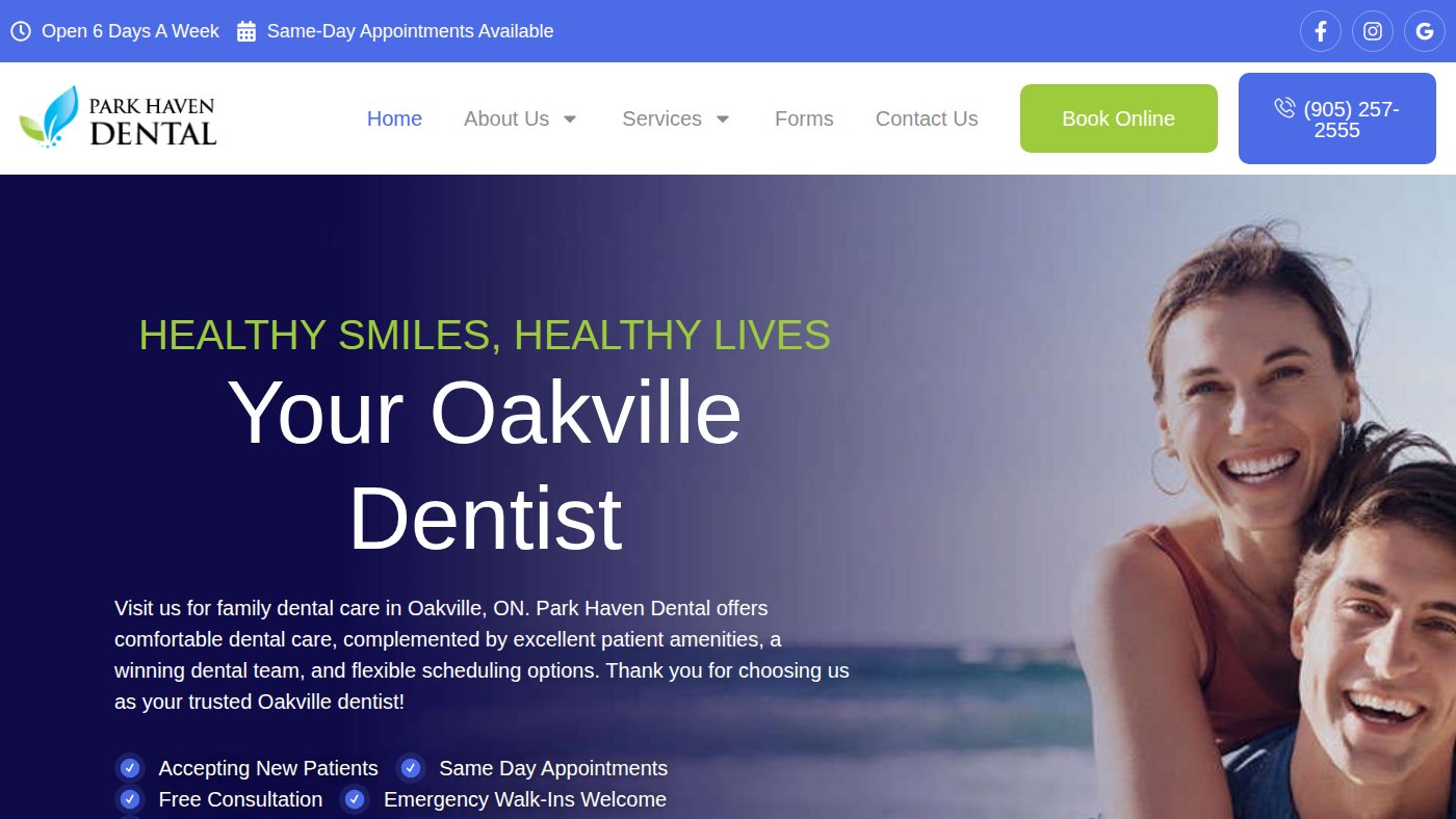 The home page of parkhavendental.ca