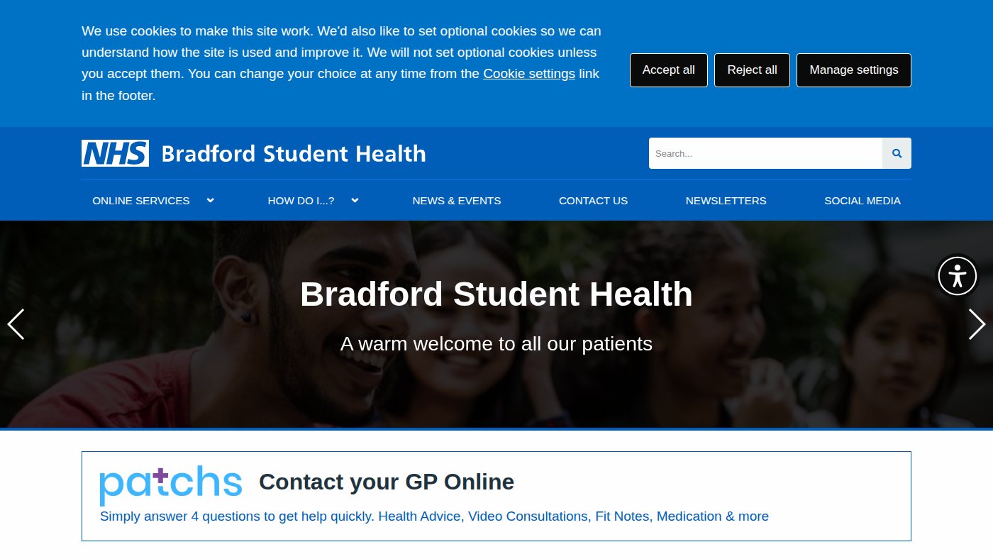 The home page of bradfordstudenthealth.co.uk