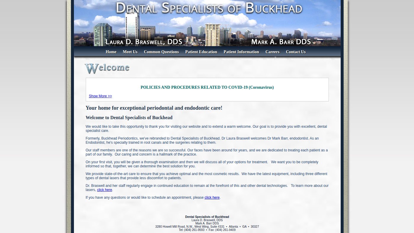 The home page of dentalspecialistsbuckhead.com