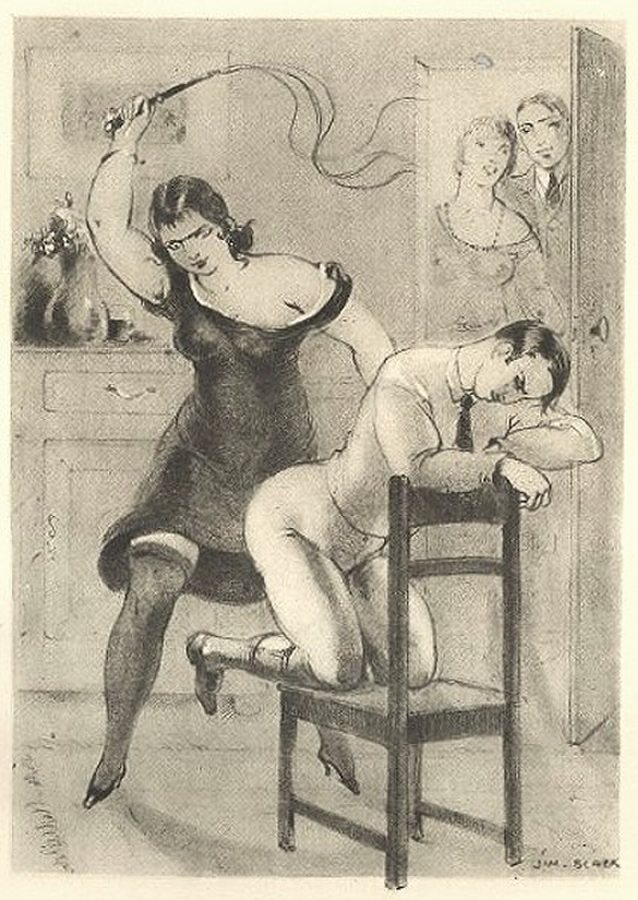 Kobieta chłoszcząca mężczyznę w pończochach i na obcasach, podczas gdy para przygląda się scenie, z Dresseuses d'Hommes (1931)