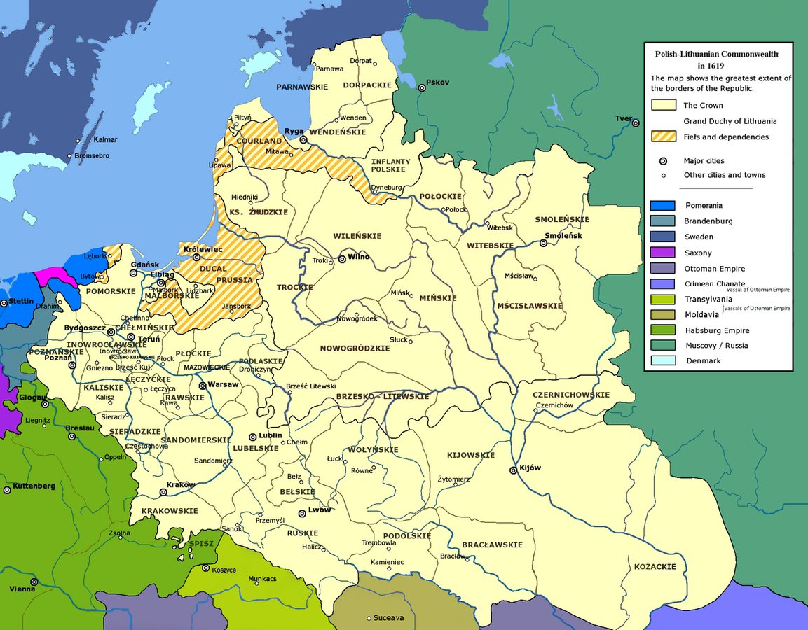 La Mancomunidad polaco-lituana en su máxima extensión en 1619, cuando era el país más grande de Europa