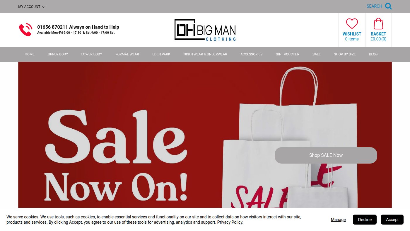 The home page of ohbigmanclothing.com