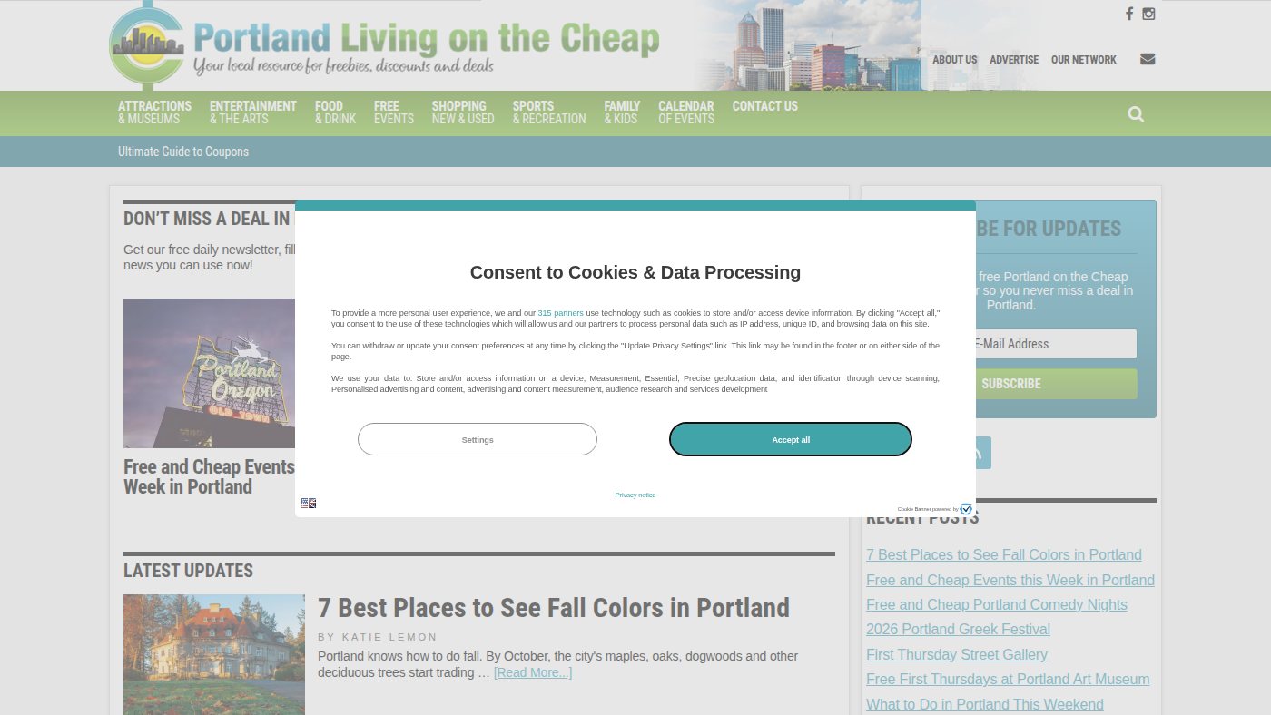 The home page of portlandlivingonthecheap.com