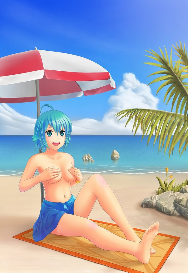 Una donna disegnata in stile anime erotico su una spiaggia