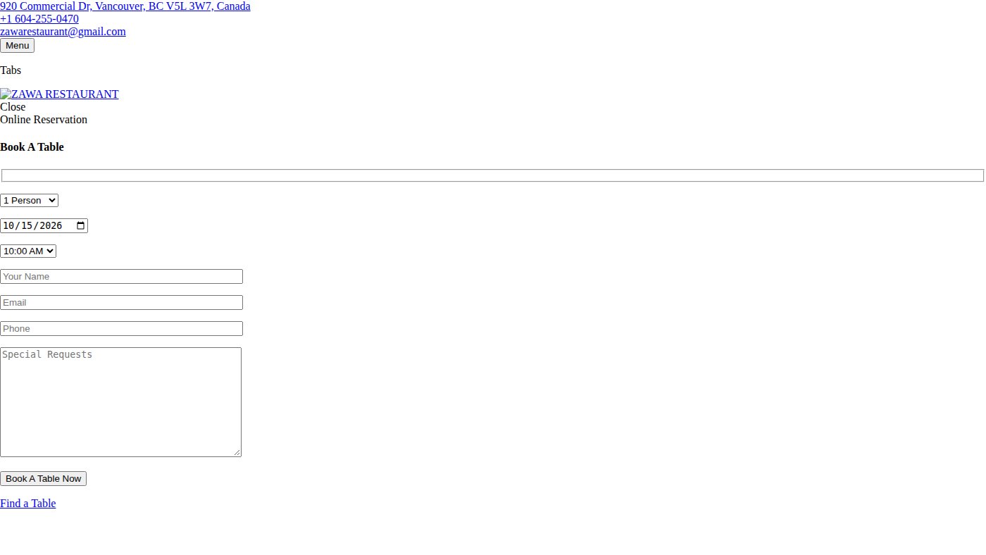 The home page of zawarestaurant.com