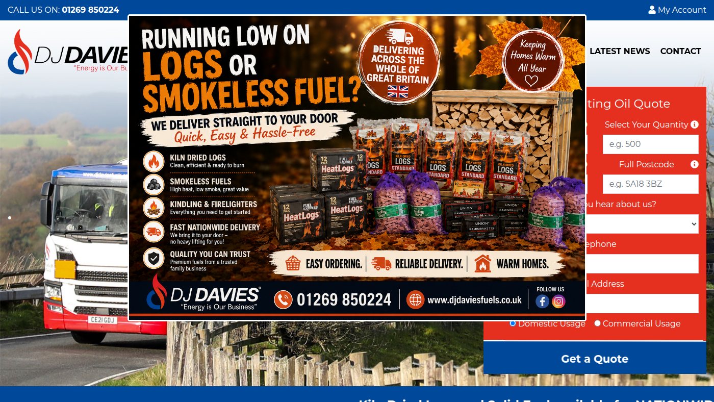 The home page of djdaviesfuels.co.uk