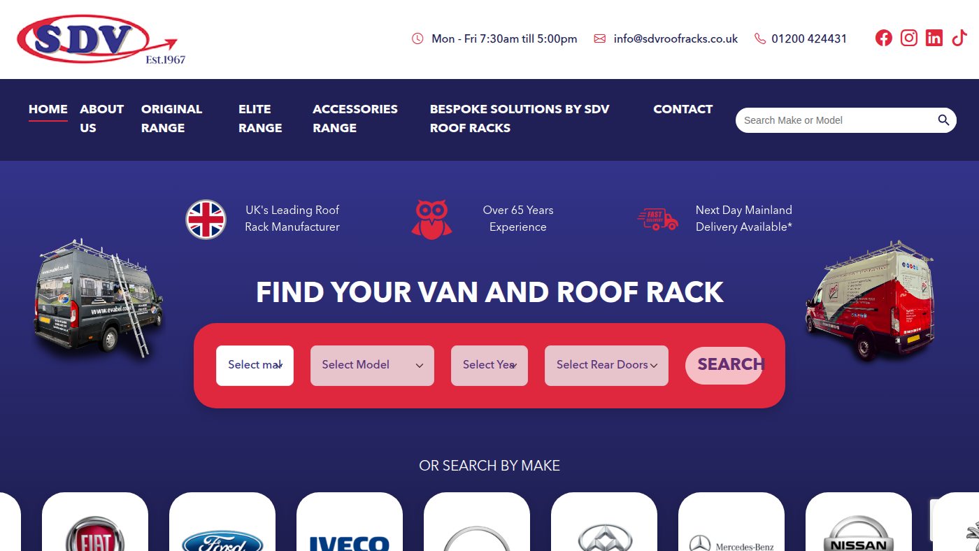 The home page of sdvroofracks.co.uk