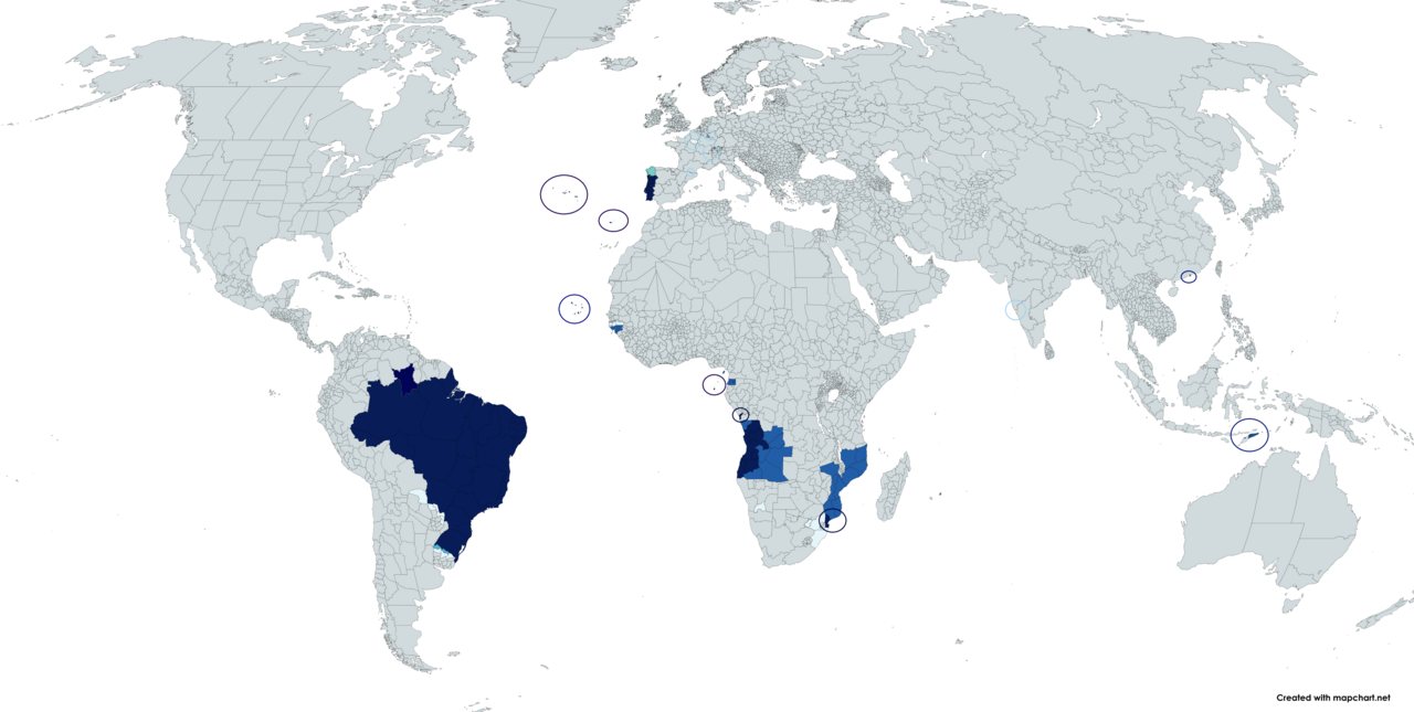 Portuguese language map showing the world geographical distribution of speakers, by share of native speakers and official status
