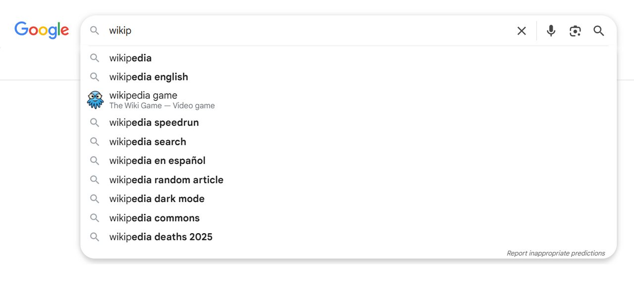 Captura de ecrã das sugestões do Google Busca ao escrever "wikip"