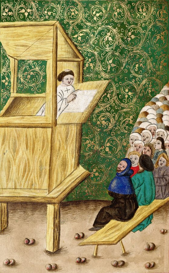 Un'illuminazione da un manoscritto ceco che mostra Jan Hus mentre predica