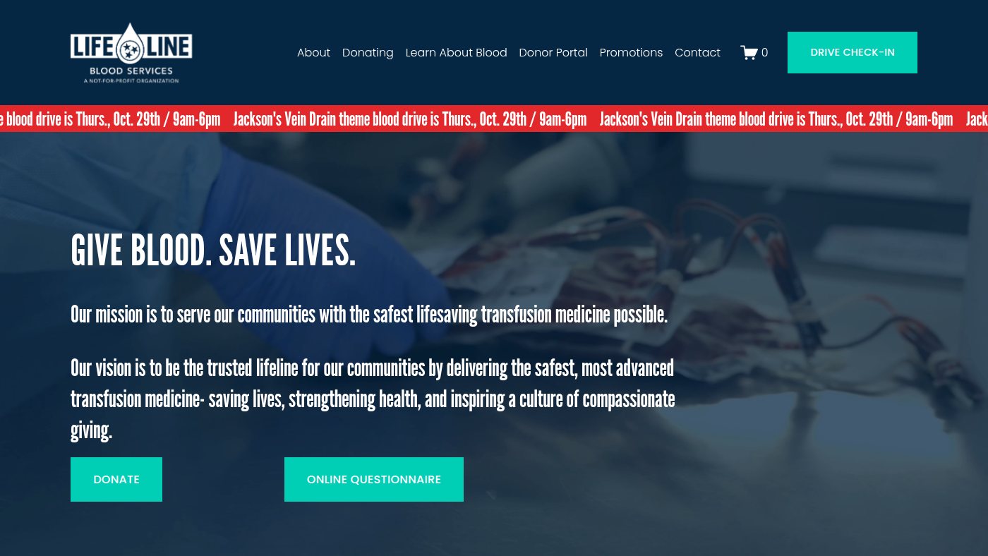 The home page of lifelinebloodserv.org