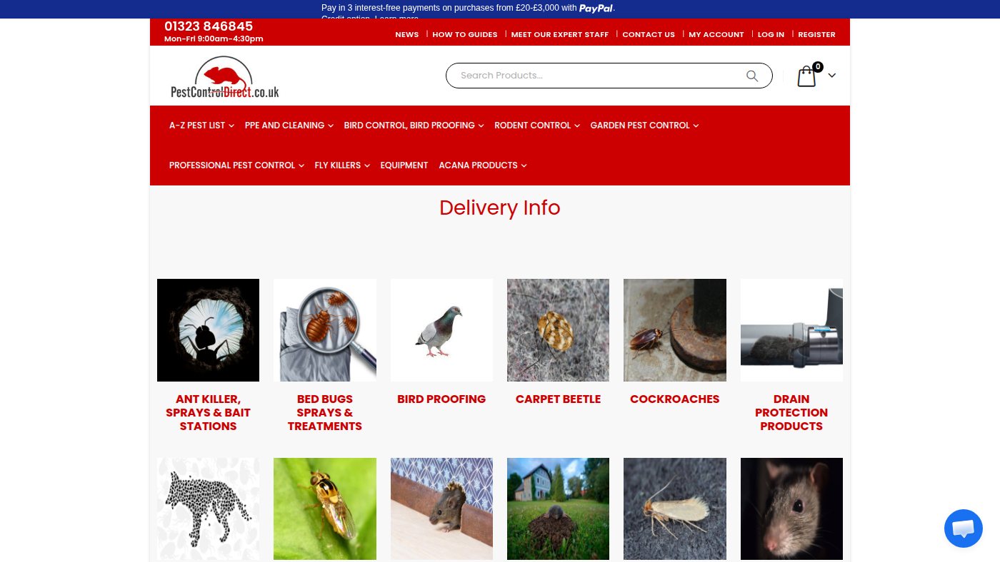 The home page of pestcontroldirect.co.uk