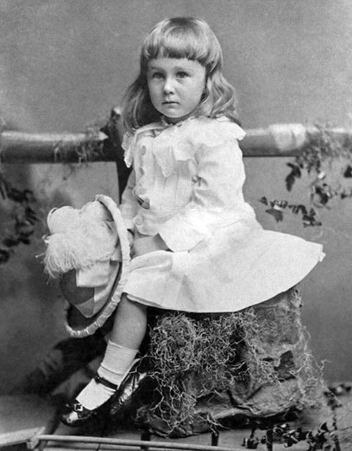Roosevelt as a toddler in 1884, aged two, wearing a dress