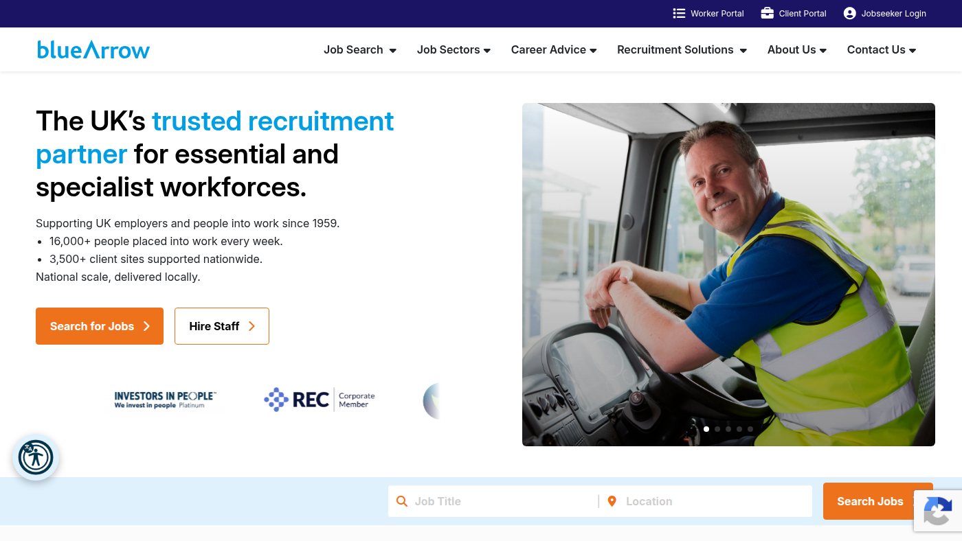 The home page of bluearrow.co.uk
