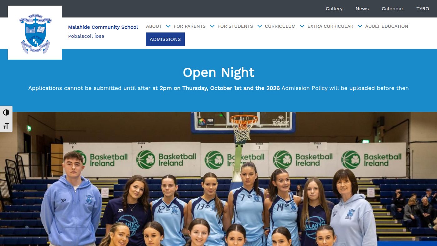 The home page of malahidecs.ie
