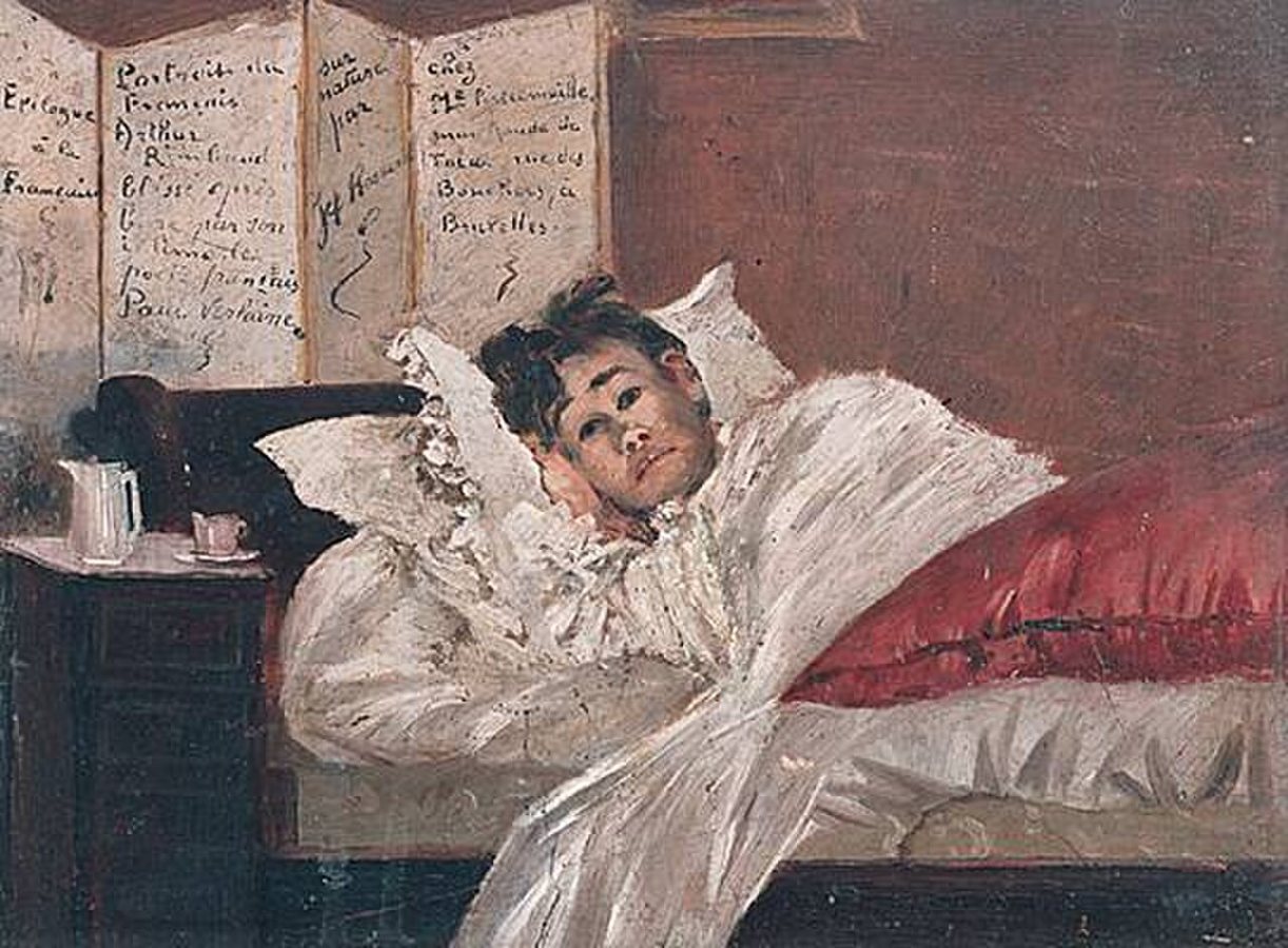 Rimbaud a recuperar do ferimento de bala em Bruxelas, pintura de Jef Rosman