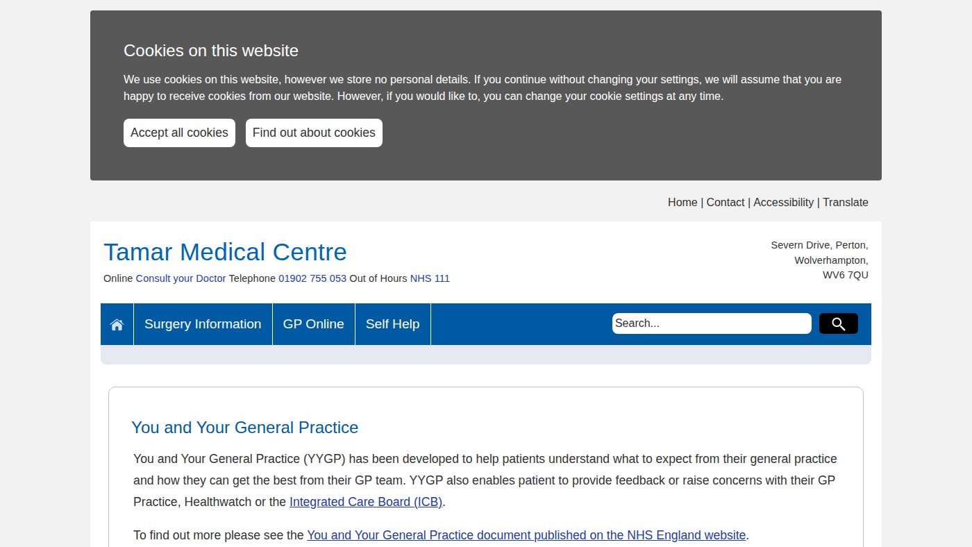 The home page of tamarmedicalcentre.co.uk