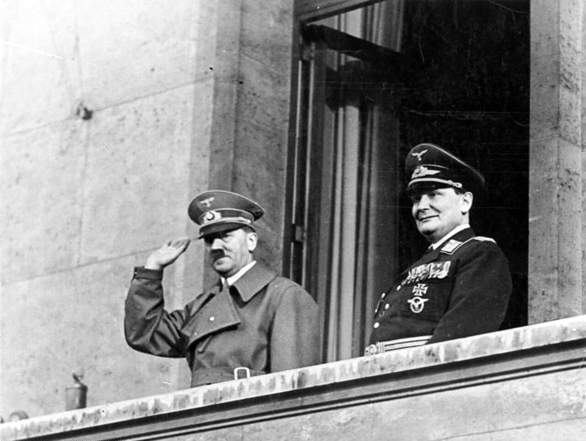 Hitler with Göring on the balcony of the Chancellery, Berlin, 16 March 1938