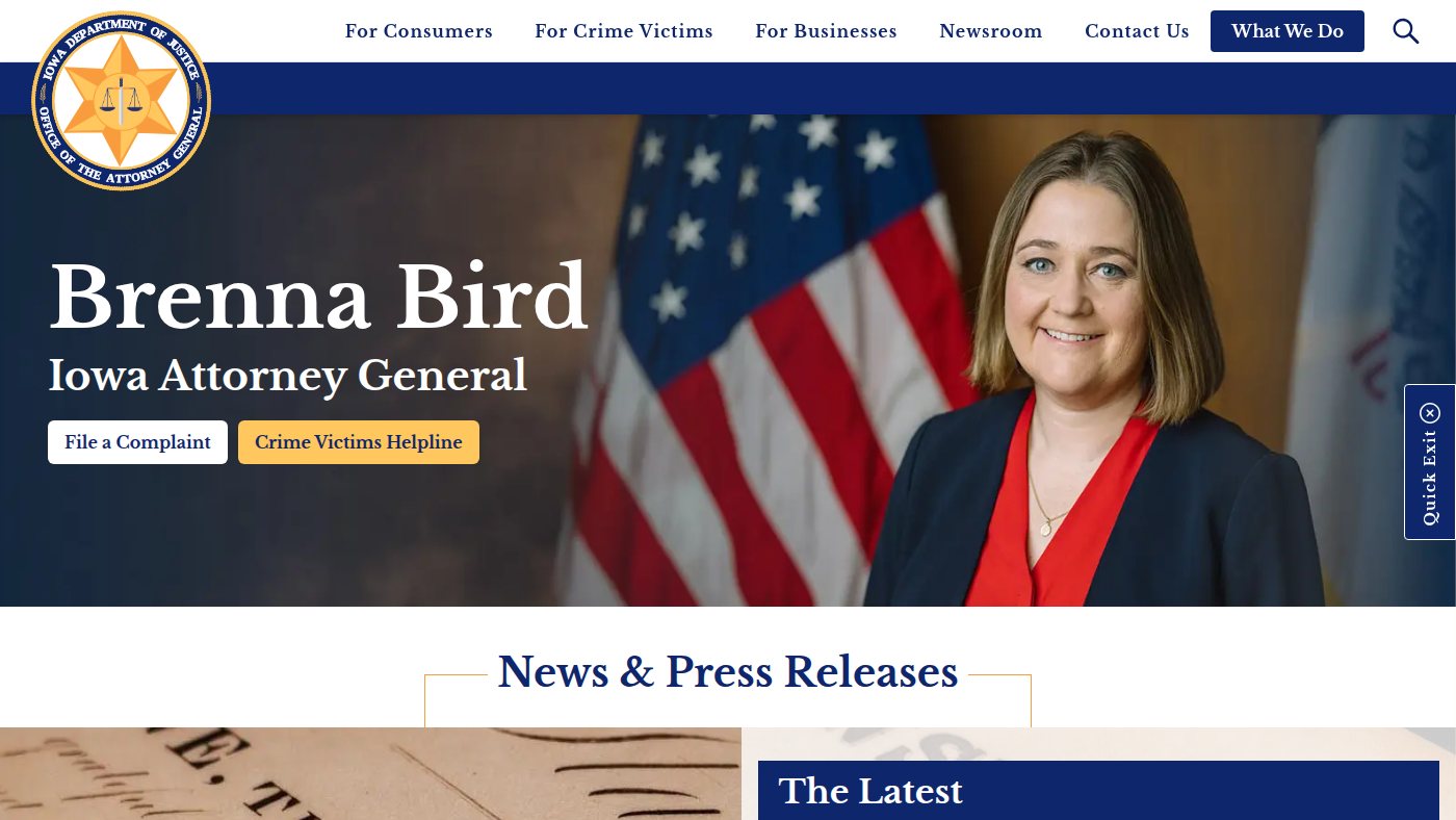 The home page of iowaattorneygeneral.gov
