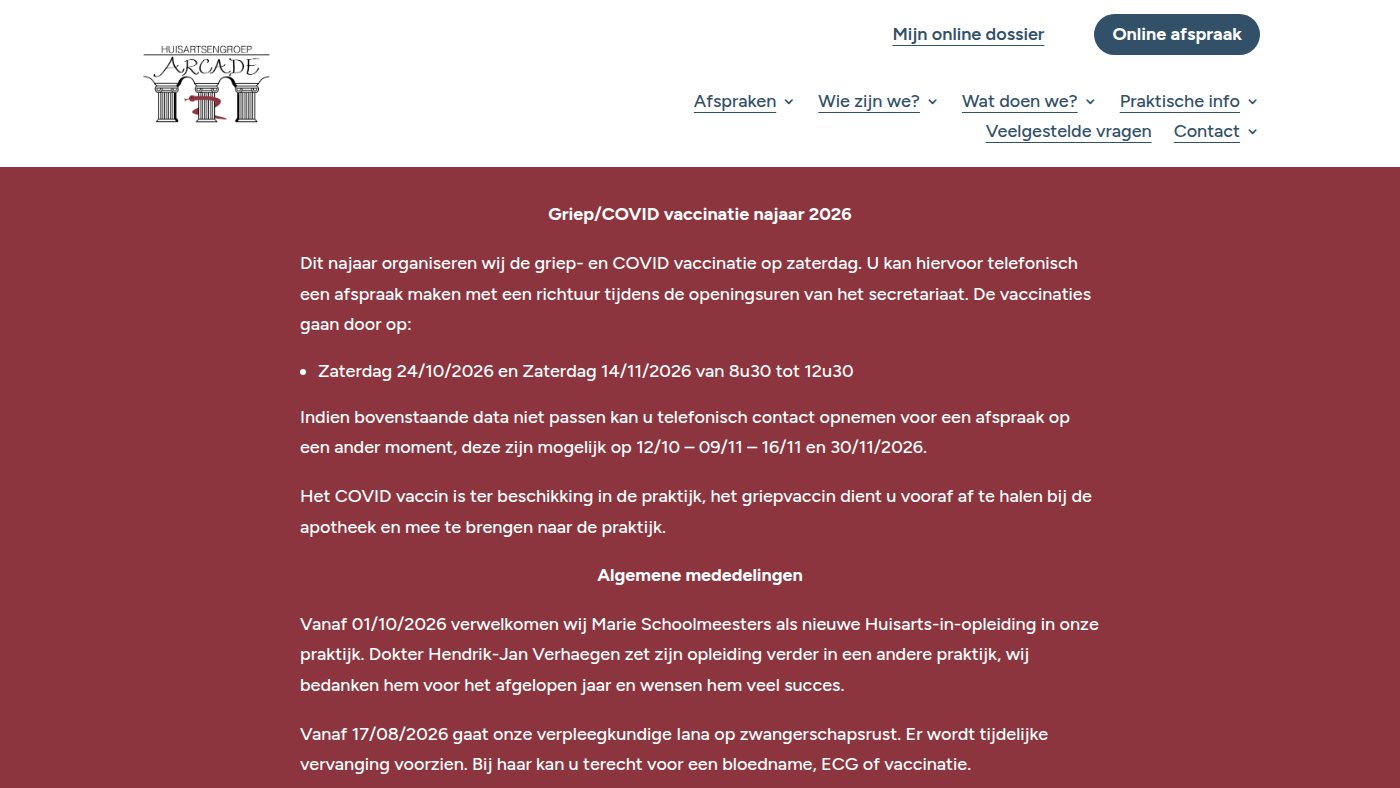 The home page of huisartsengroeparcade.be