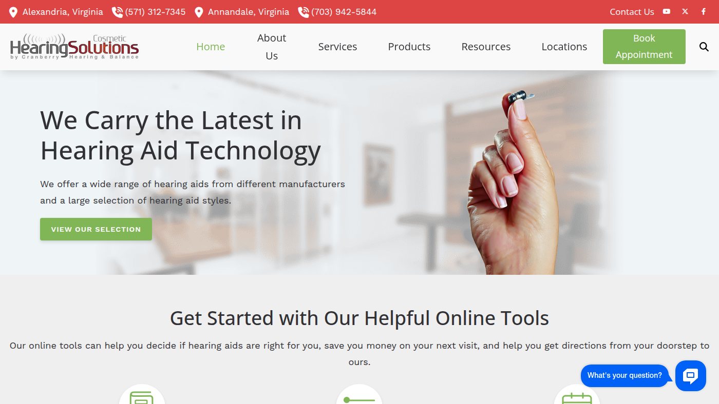 The home page of cosmetichearingsolutions.com