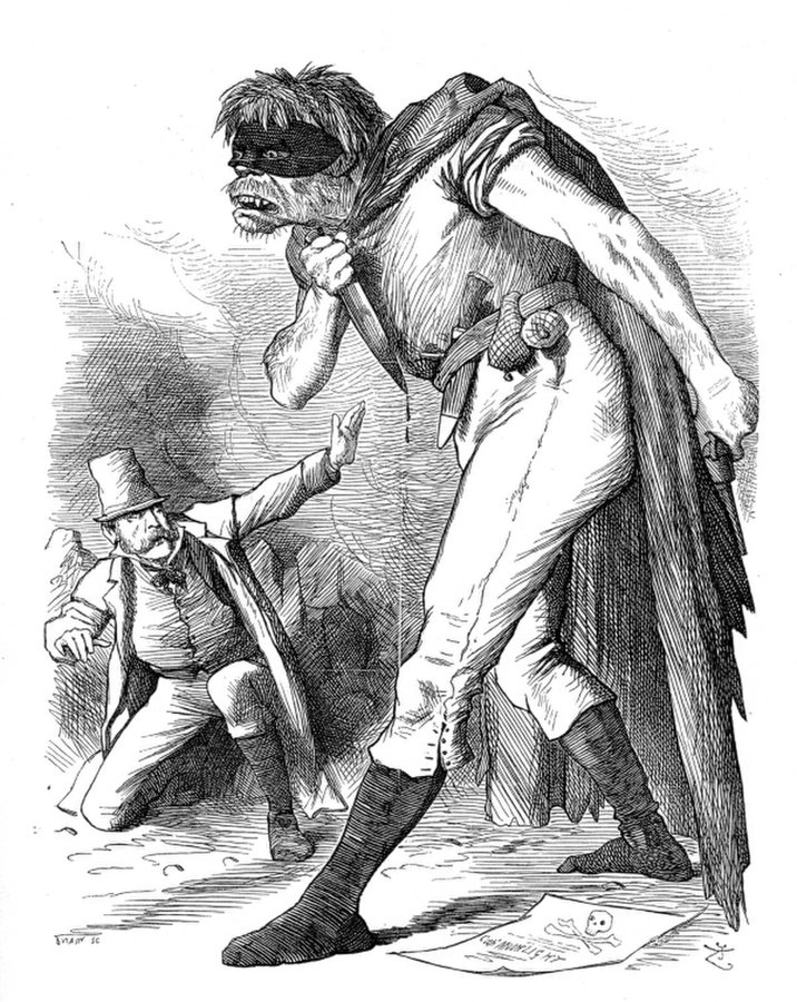 Karykatura z 1882 roku z "Punch" autorstwa angielskiego rysownika prasowego przedstawia irlandzki ruch fenian jako podobny do stworzenia Frankensteina, po morderstwach w Phoenix Park.