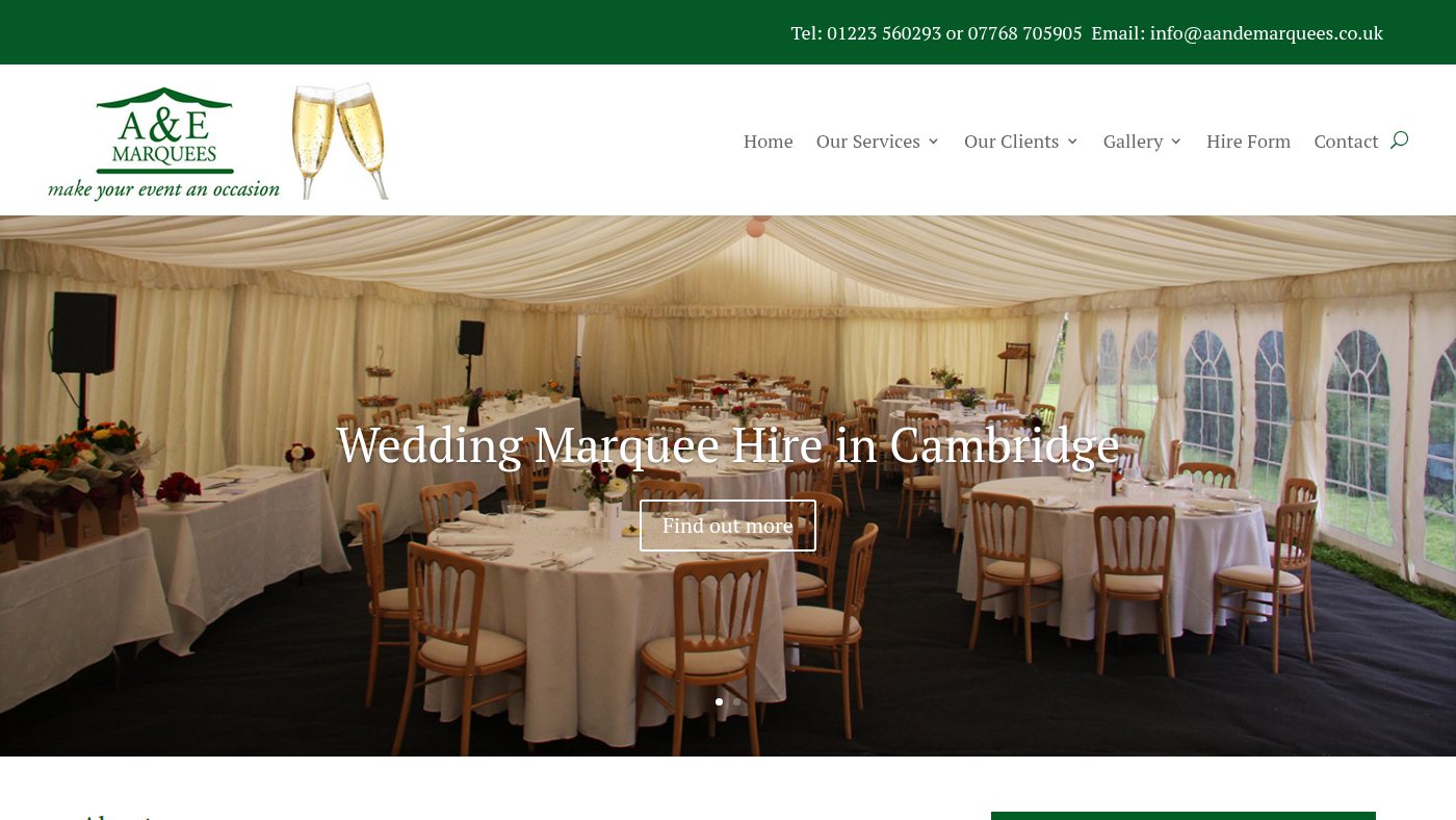 The home page of aandemarquees.co.uk