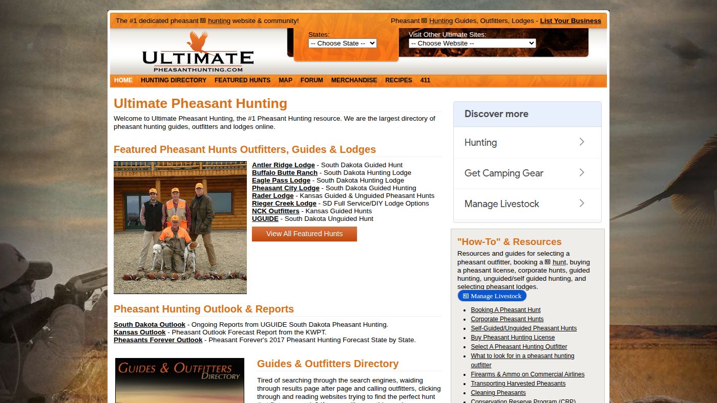 The home page of ultimatepheasanthunting.com