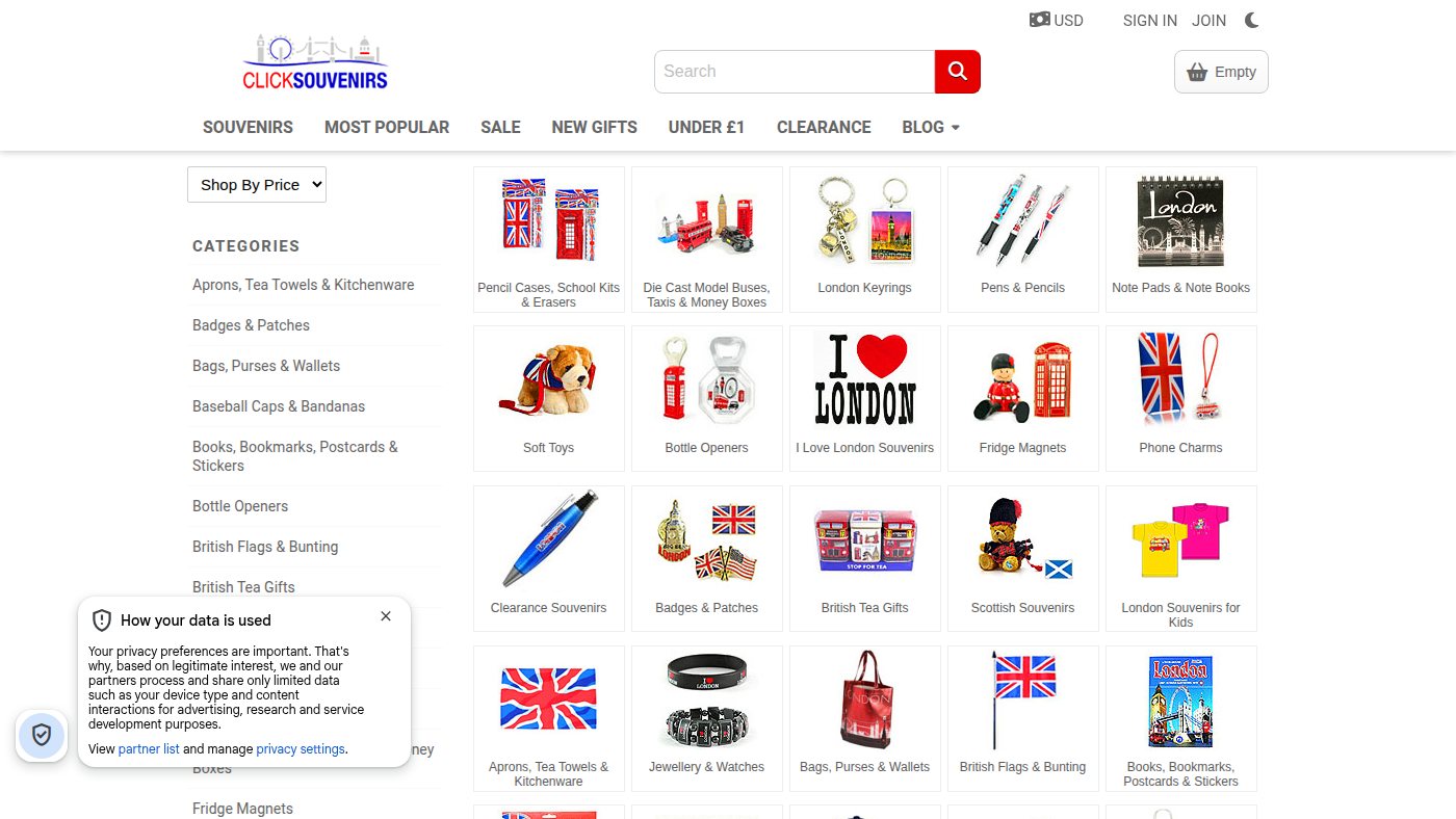 The home page of clicksouvenirs.com