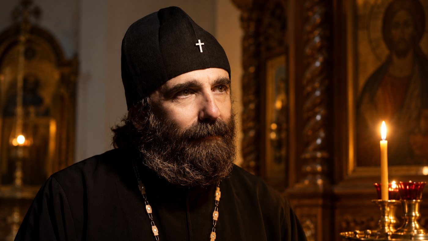 Архиепископ Григорий в храме у иконостаса, при свечах