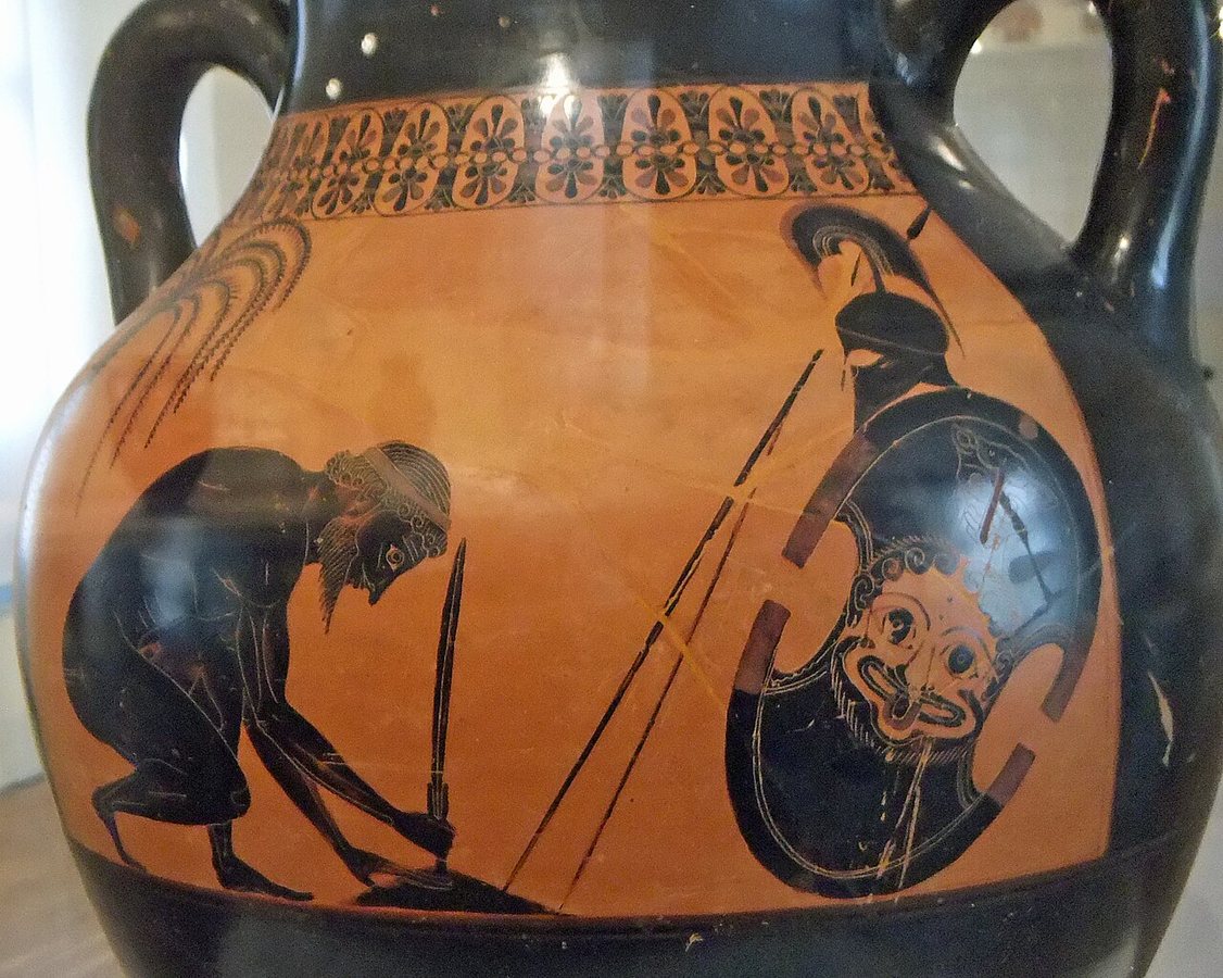 Der Selbstmord des Aias, auf griechischer Keramik von Exekias dargestellt, heute im Château-musée de Boulogne-sur-Mer ausgestellt