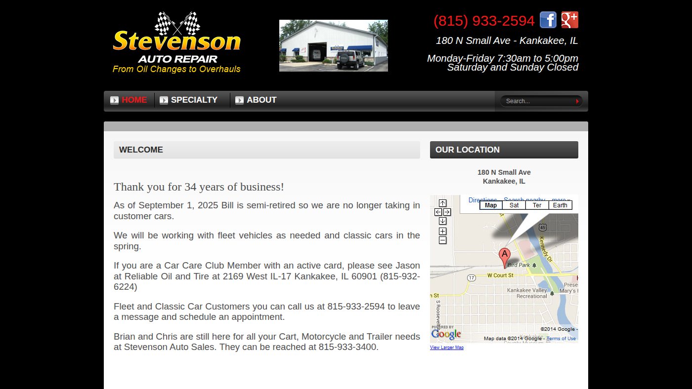 The home page of stevensonautorepair.com