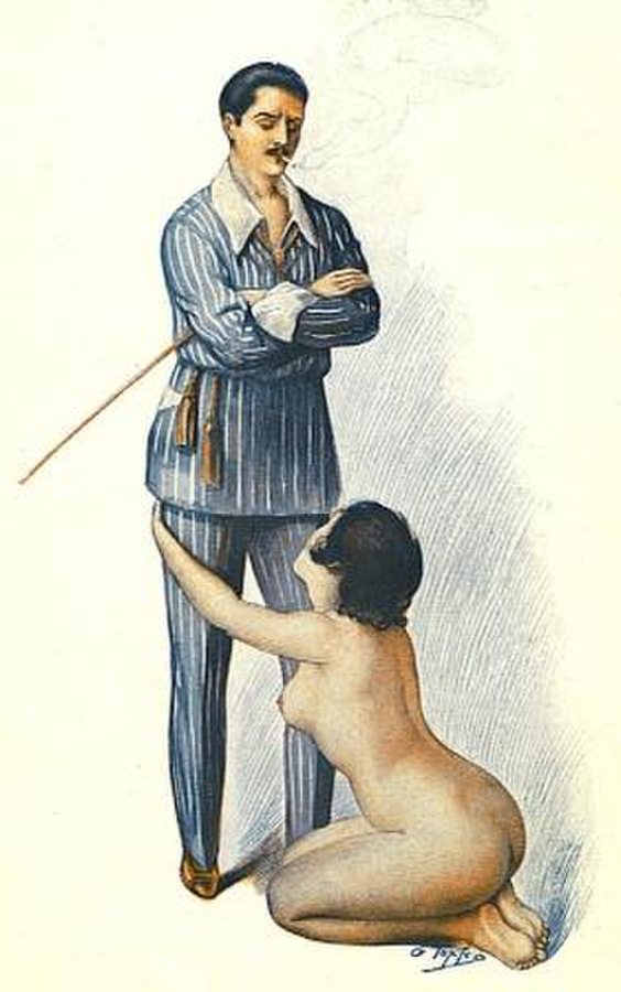 BDSM bywa powszechnie mylnie postrzegane jako czysty ból; ten obraz z 1921 roku, przedstawiający ubranego mężczyznę i nagą kobietę, ilustruje męską dominację i kobiecą uległość