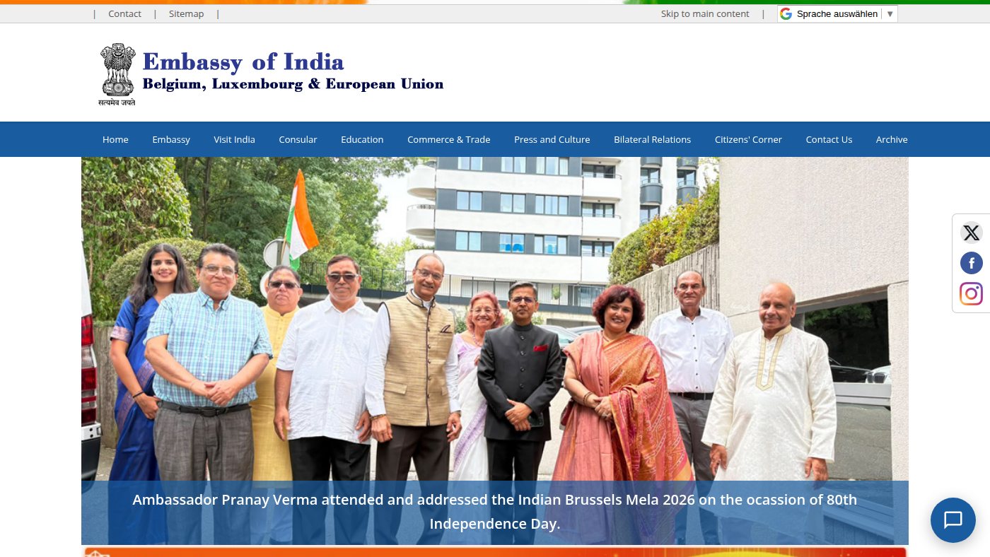 The home page of indianembassybrussels.gov.in