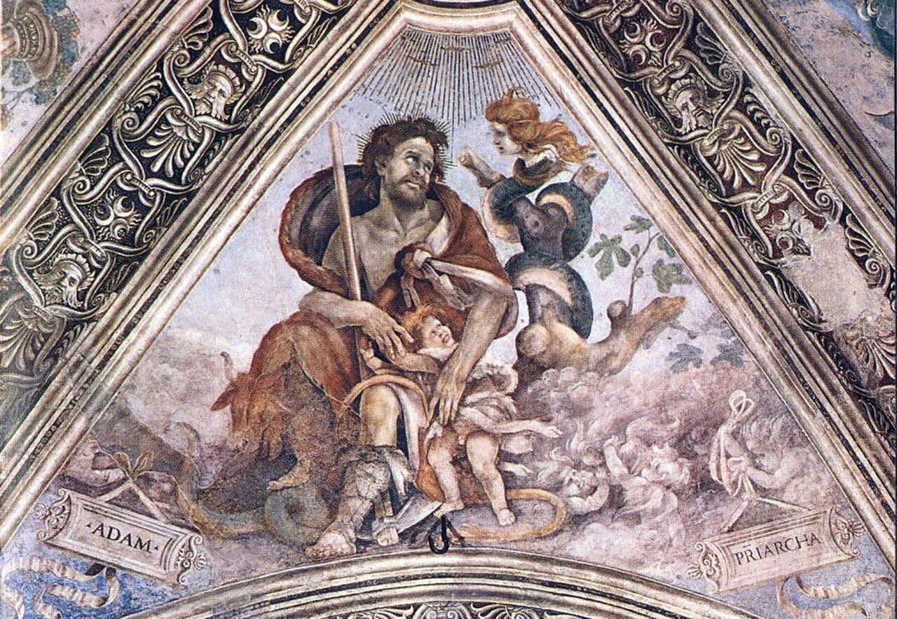 Adamo stringe un bambino in presenza di Lilith, la rapitrice di bambini, affresco di Filippino Lippi nella basilica di Santa Maria Novella, Firenze