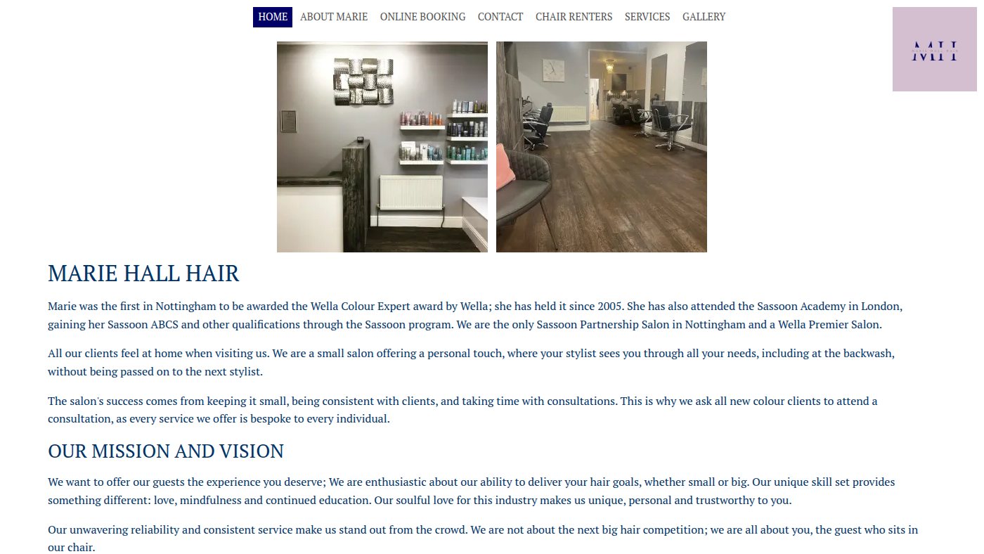 The home page of mariehallhair.co.uk