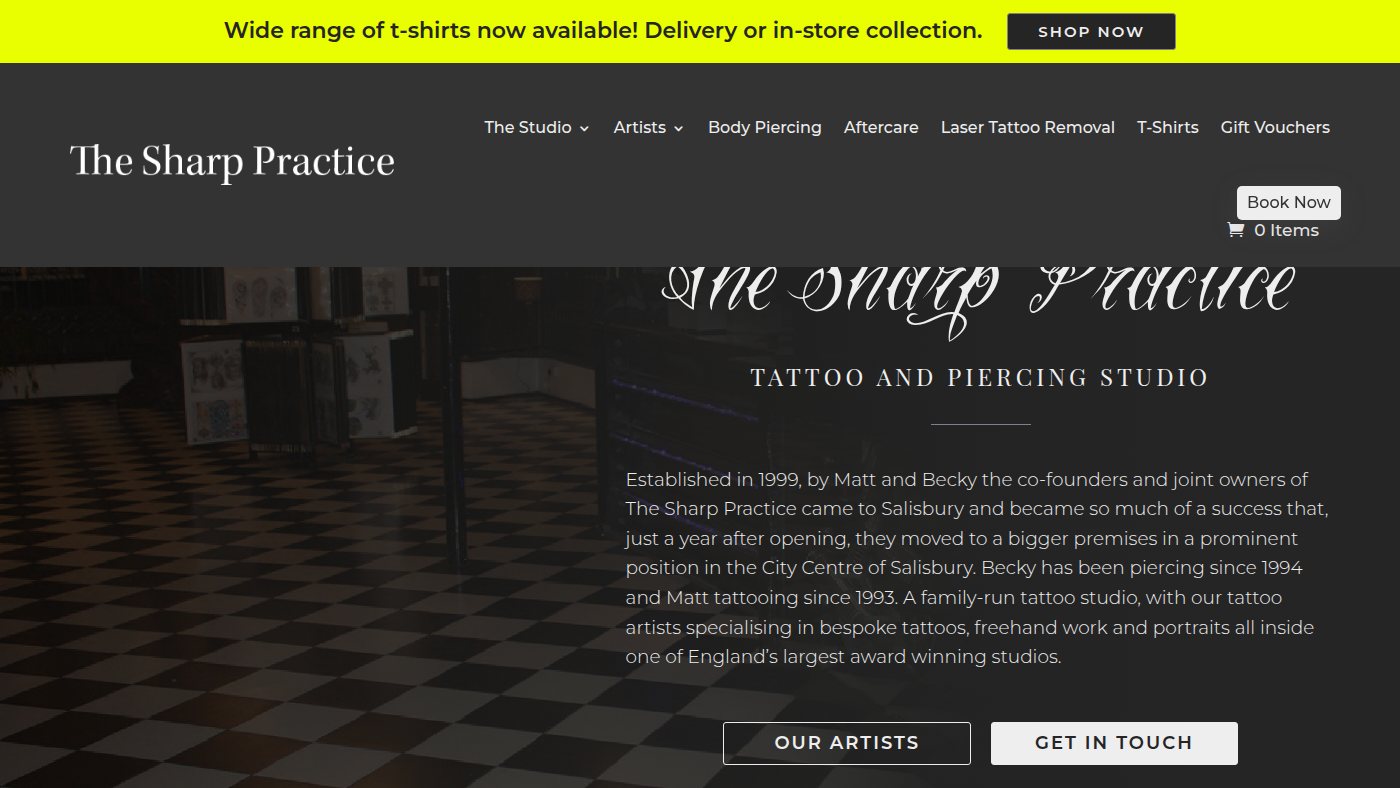 The home page of sharppracticetattoo.co.uk