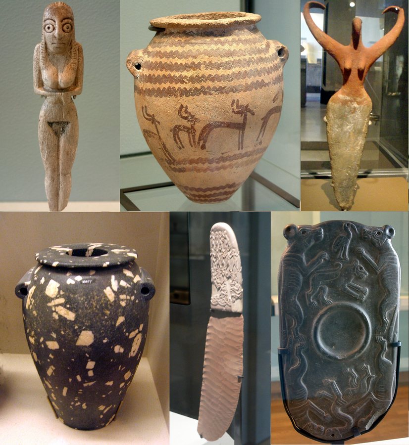 En el sentido de las agujas del reloj desde arriba: una figurilla funeraria badariense, una vasija naqada, una estatuilla naqada de la diosa Bat, la paleta de los Cuatro Perros, el cuchillo de Gebel el-Arak y un jarrón naqada de diorita.