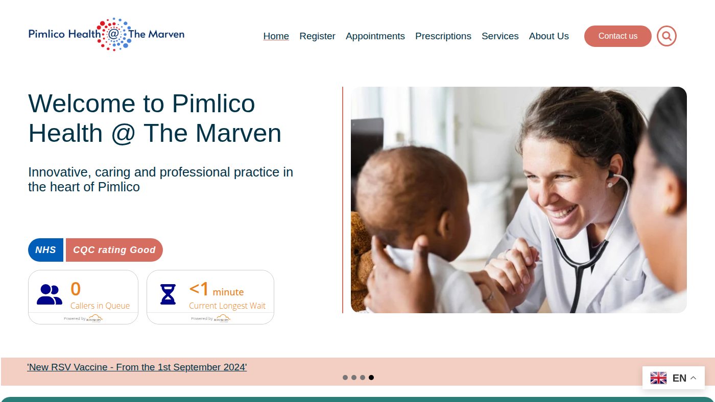 The home page of pimlicohealth.co.uk
