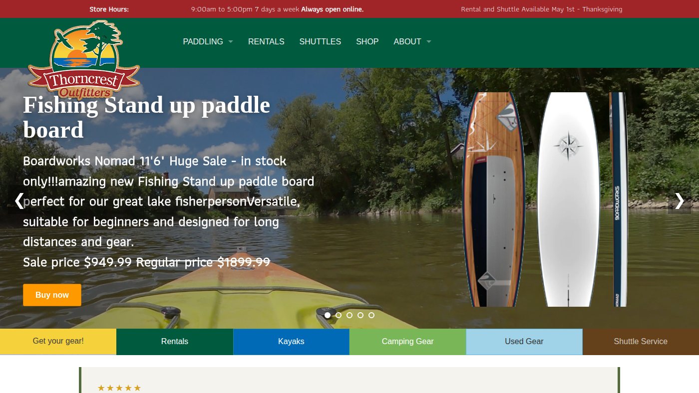 The home page of thorncrestoutfitters.com