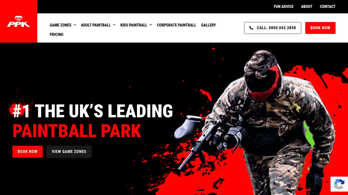 The home page of paintballpark.co.uk
