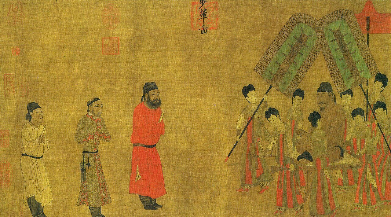 Cesarz Taizong przyjmuje Gara Tongtsena Yulsunga, ambasadora Imperium Tybetańskiego, w późniejszej kopii obrazu Yan Libena (600–673)