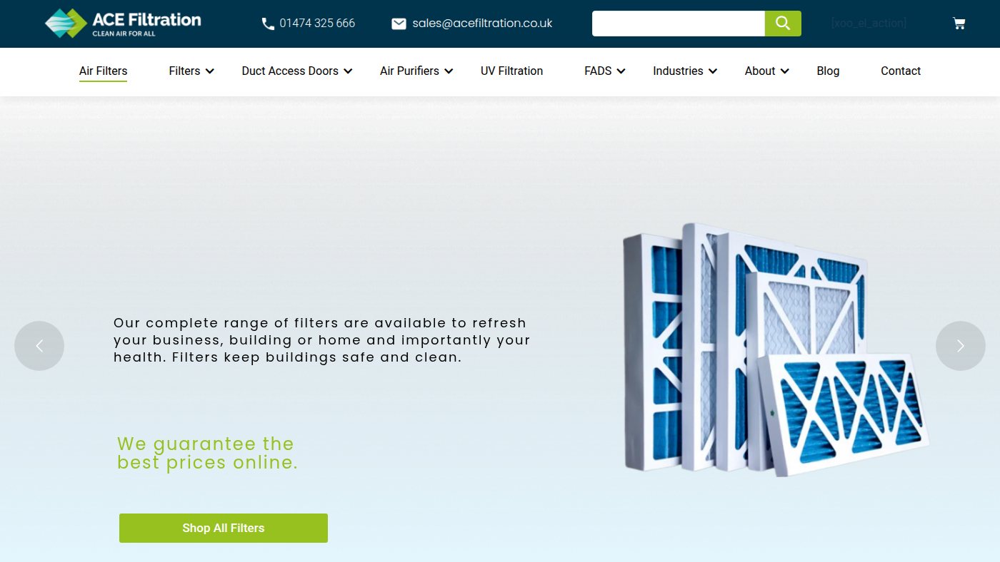 The home page of acefiltration.co.uk