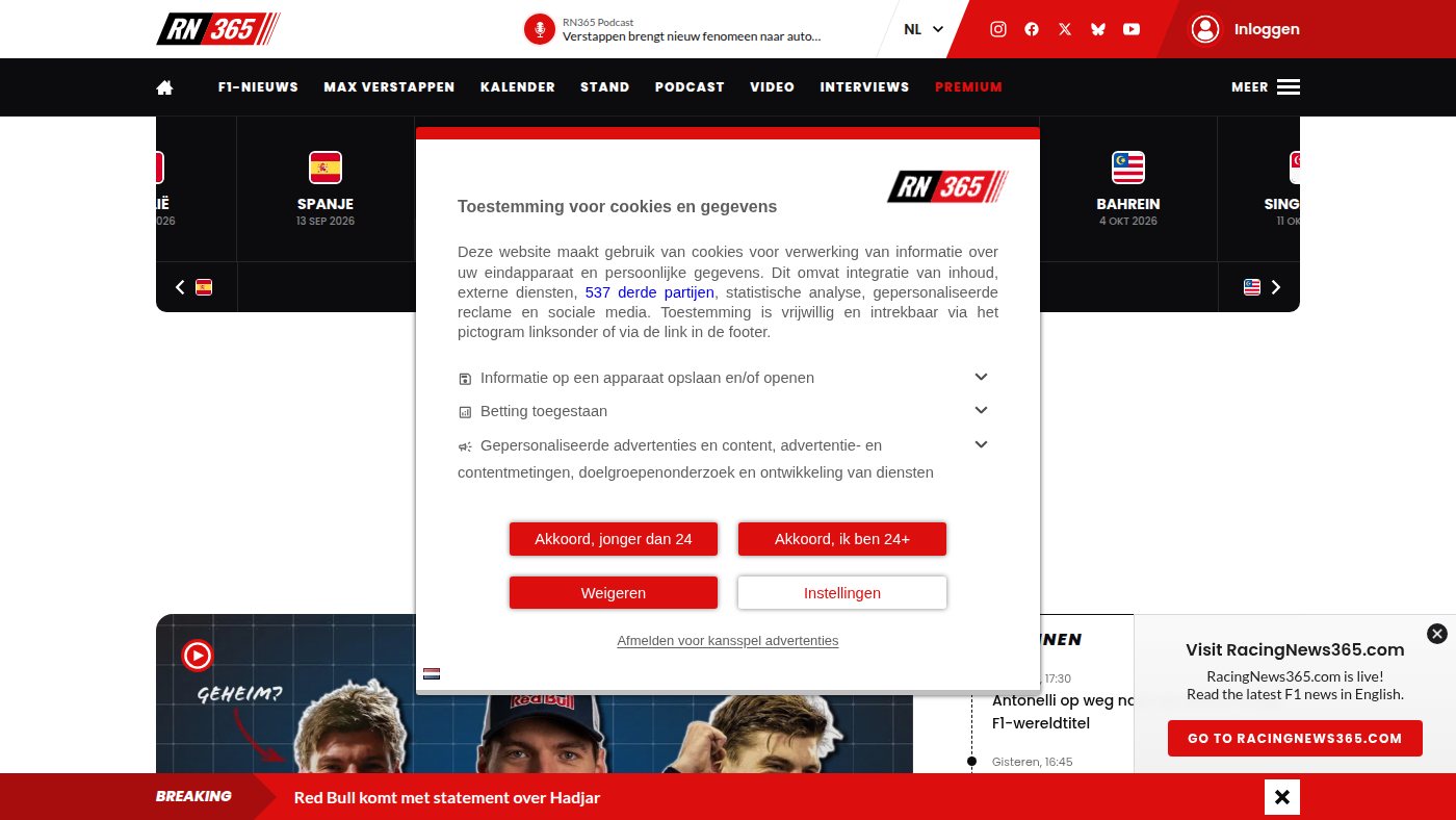 The home page of racingnews365.nl