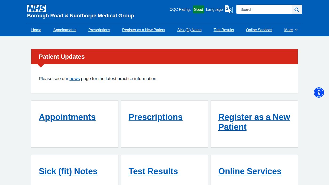 The home page of boroughroadandnunthorpe.nhs.uk
