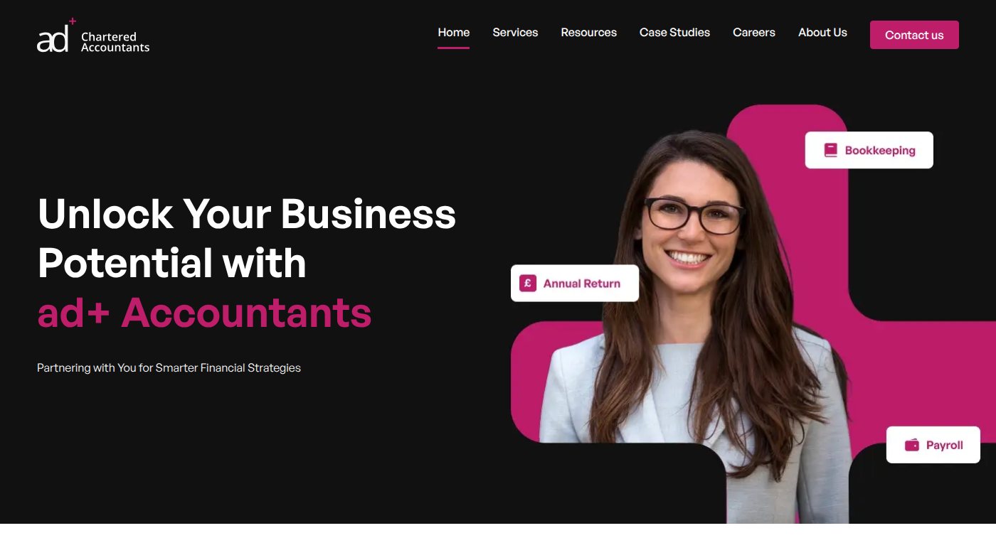 The home page of adplusaccountants.co.uk