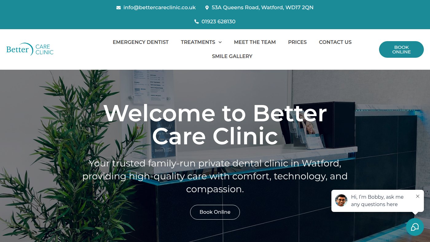 The home page of bettercareclinic.co.uk