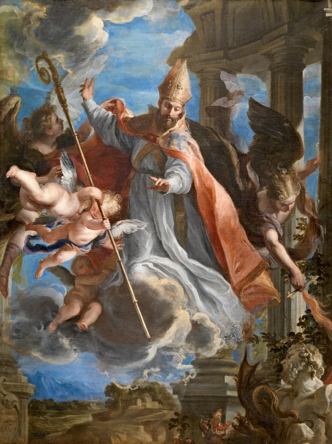Baroque painting of Augustine triumphantly ascending into Heaven on a cloud, c. 1664