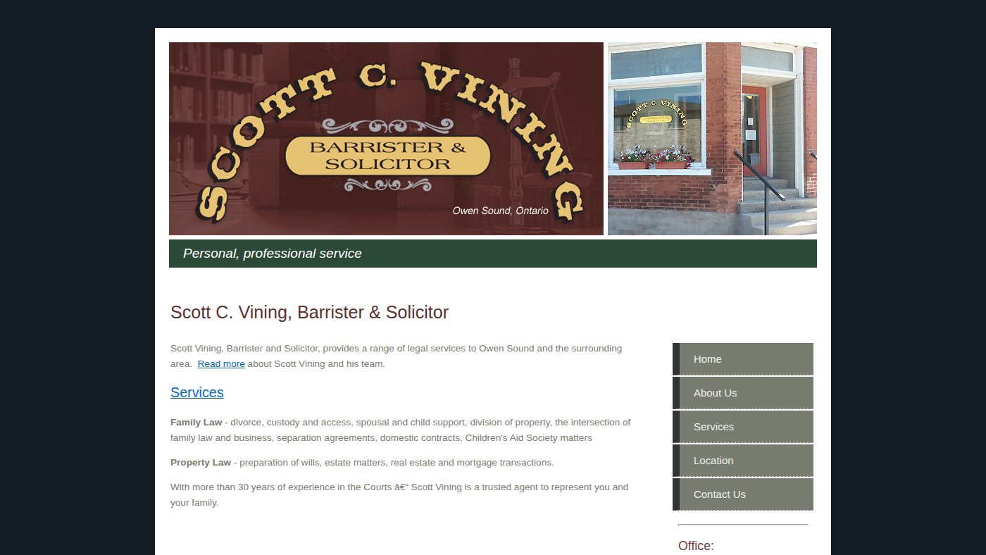 The home page of vininglaw.ca